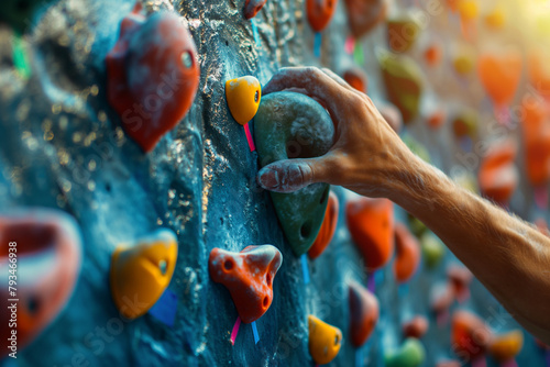 Closeup of a hand on a climbing wall, in a gym. A man training bouldering photo