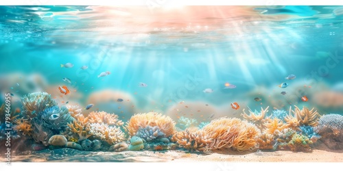 Underwater nature. Coral reef in blue sea and ocean. Fascinated by the beauty of the underwater world © megavectors