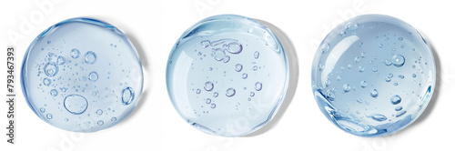 Glycerin gel texture. Blue serum toner drop isolated on white background. Liquid gel moisturizer with bubbles macro	
