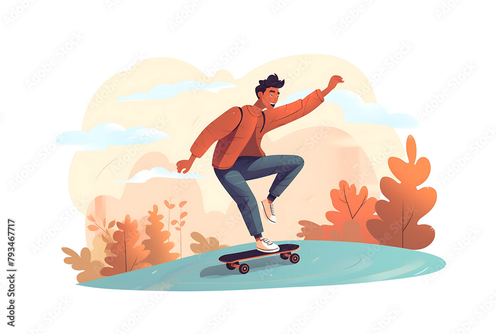 A flat illustration of a casual skater cruising along a cityscape path during sunset. Generative AI
