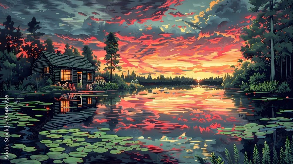 Sunset lakeside and cottage garden illustration poster background - obrazy, fototapety, plakaty 