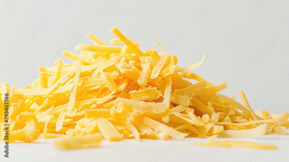 Fototapeta premium Cheese shreds against a plain white backdrop