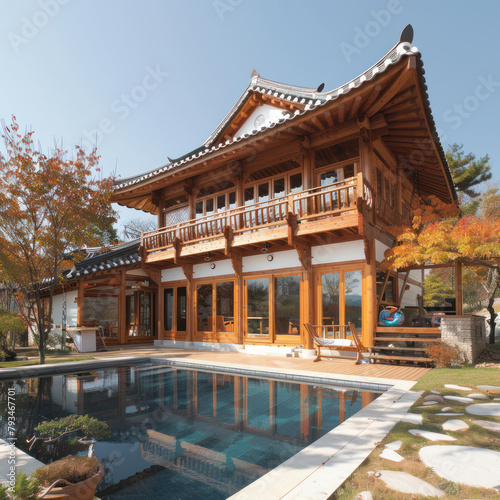Tiny two floor timber frame house with single front doors and terrace with south korean theme design © shiroi