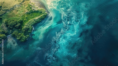 Aerial view of coastline with distinct green vegetation and vibrant blue water mixing