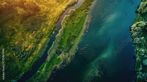 Aerial view of river dividing lush greenery with visible water current