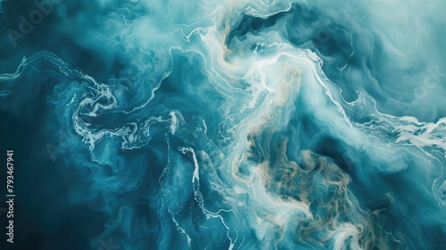 Abstract turquoise and white fluid art pattern resembling marbled waves