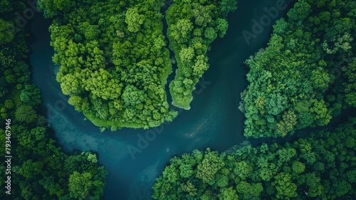 Aerial view of winding river cutting through dense green forest