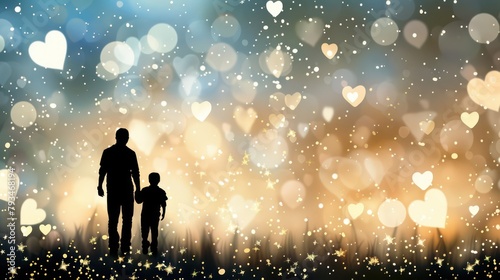 Silhouette of Father and Child with Bokeh and Hearts