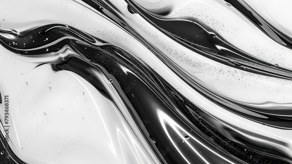Close-up of swirling black and white liquid textures with speckles