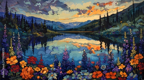 Sunset lakeside and cottage garden illustration poster background