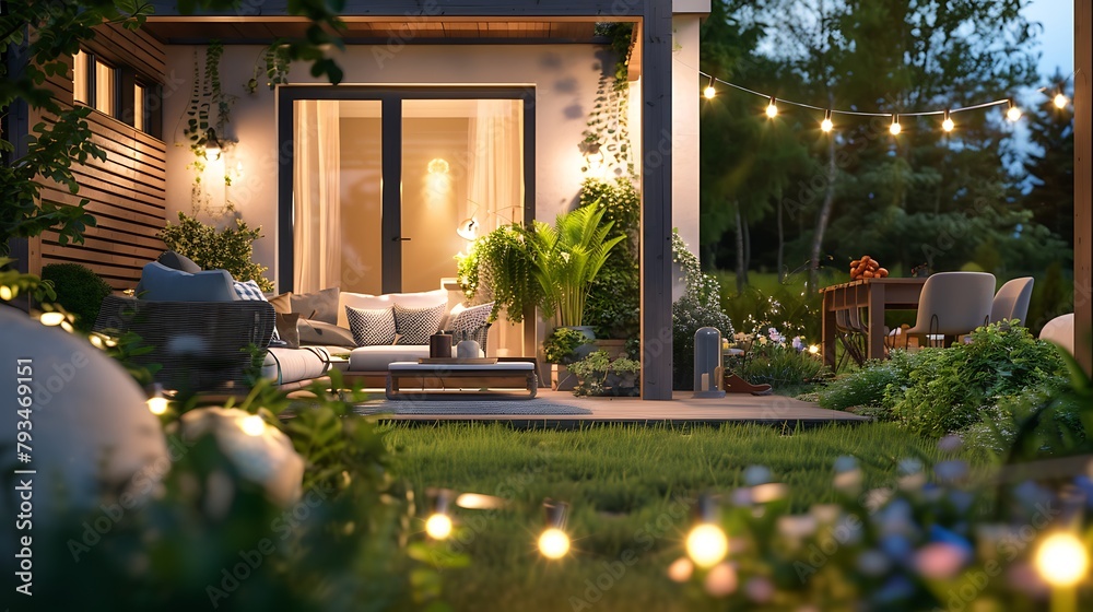 Cozy Outdoor Retreat: Summer Evening in Modern Residential Backyard with Lights, Plants, Lounge, and Dining Area