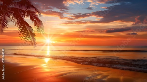 Tropical Evening: Tranquil Beach Sunset with Palm Silhouette Offering an Exotic Vacation and Paradise Landscape © acharof