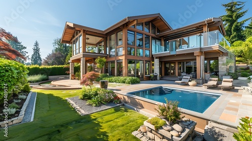 Luxury Residence: Gorgeous Backyard Design, Sunny Day, Impressive Exterior, Beautiful Landscaping, Ideal for Outdoor Enjoyment