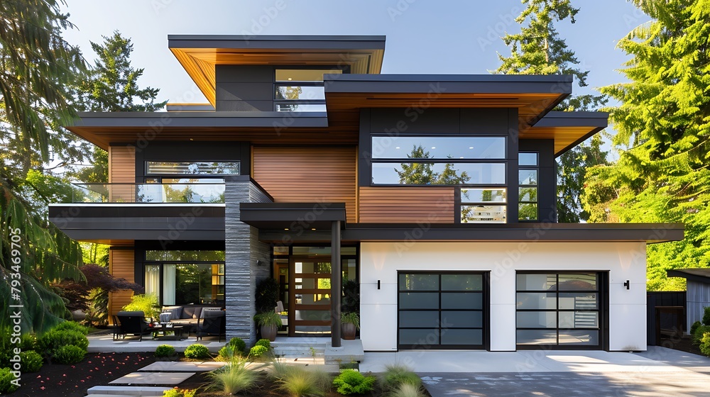 Fototapeta premium Stylish Home: Garage and Patio in Modern House with Backyard Retreat
