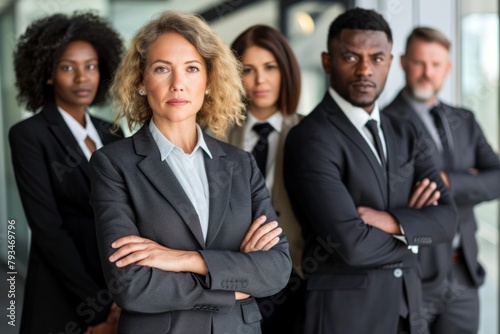 Portrait of confident businesswoman standing with arms crossed in front of her team