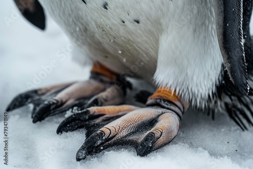 a penguin's webbed feet and detailed texture of its feathers, highlighting the adaptability and survival traits