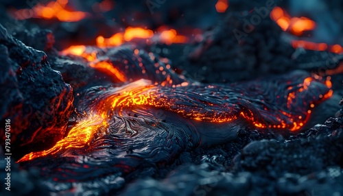 Volcanic Fury: Natural Disaster Scene with Molten Lava Flow Glowing in the Dark Highlighting the Power and Destruction of Volcanoesvolcanic lava flow, natural disaster, molten rock, glowing lava, dark