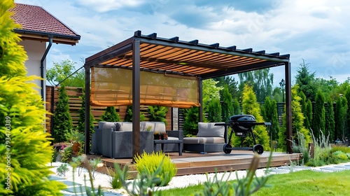 Sunny Garden Retreat: Trendy Patio Lounge, Pergola, Chairs, Grill, Surrounded by Landscaping