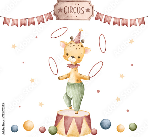 Watercolor Illustration Cute Baby Giraffe Plays Circus