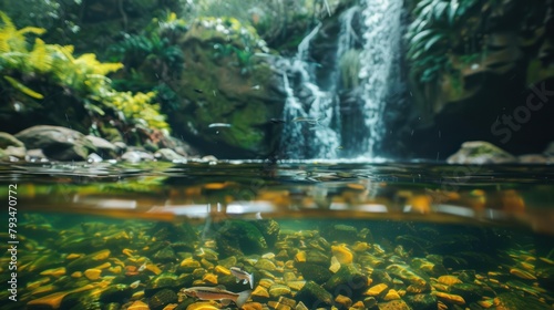 A detailed focus on the aquatic life in the pool at the base of a forest waterfall, with fish and aquatic plants 