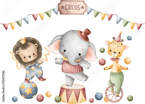 Watercolor Illustration Cute Baby Safari Animals Play Circus