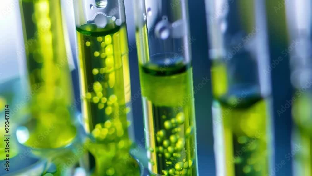 Closeup of a test tube containing a solution of genetically modified algae producing oxygen at a significantly higher rate than their nonmodified counterparts. This breakthrough in .