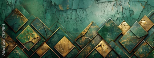Abstract geometric pattern with emerald and gold hues on a textured surface. photo