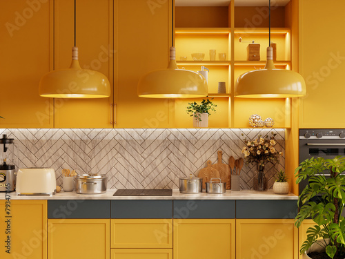 Yellow kitchen room and minimalist interior design on mockup wood slat wall- 3D rendering