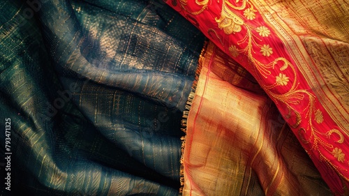 Traditional Indian sarees with intricate patterns and vibrant colors folded