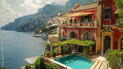 A view of the Amalfi Coast in Italy. There is a red house with a pool overlooking the Mediterranean Sea.