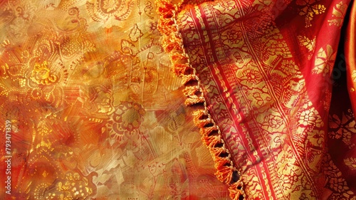 Traditional South Asian red and gold patterned fabric with delicate details
