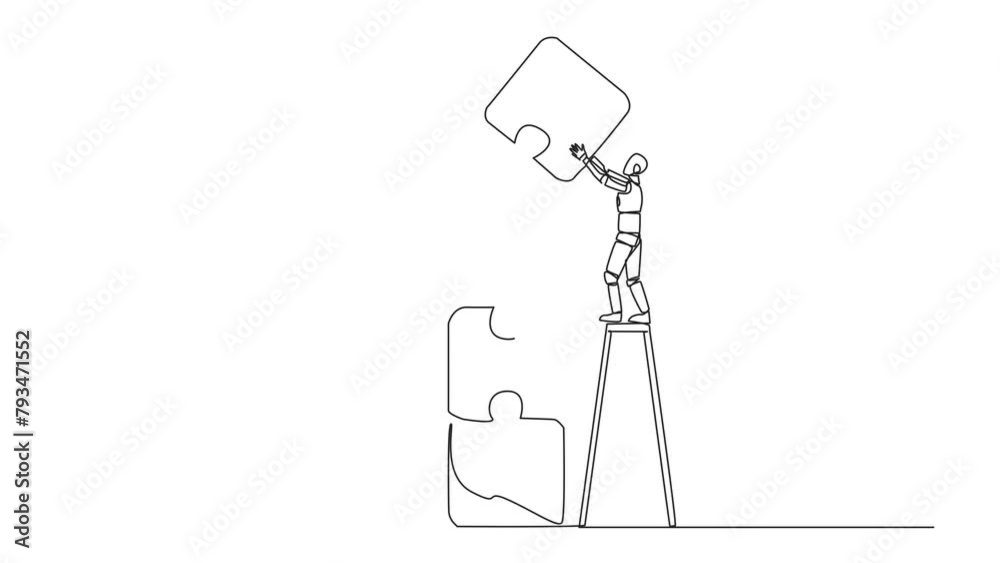 Animated self drawing of continuous one line drawing two robots putting together a puzzle. One of the two climbs up the ladder to make a puzzle arrangement of four. Full length single line animation