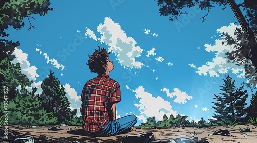 a boy sitting and looking up the sky illustration poster background