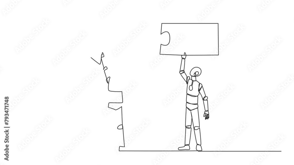 Animation of a single continuous line drawing of two robots working together carrying a directional arrow puzzle. Metaphors equate ideas. Robots doing teamwork. Future technology. Full length motion Animation of a single continuous line drawing of two robots working together carrying a directional arrow puzzle. Metaphors equate ideas. Robots doing teamwork. Future technology. Full length motion