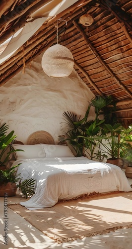 A large bed with white linen and two decorative pillows, surrounded by tropical plants in pots on the floor of an open-air thatched roof house with high ceilings