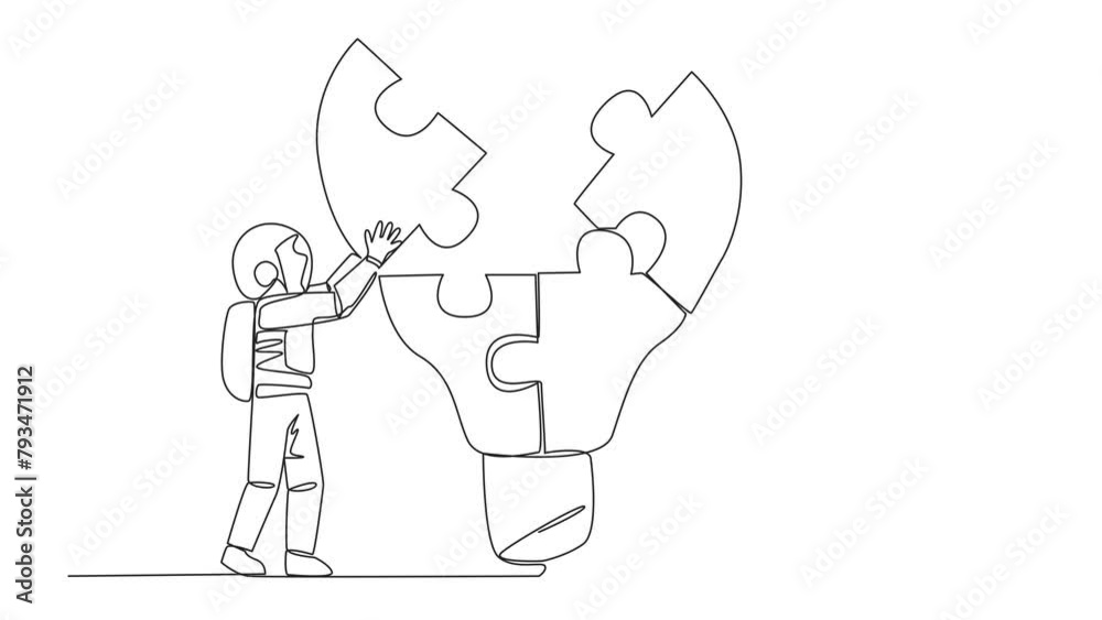 Animated self drawing of single one line drawing of two astronauts working in teams to complete a lightbulb-top puzzle. Working together to produce brilliant ideas. Full length single line animation Animated self drawing of single one line drawing of two astronauts working in teams to complete a lightbulb-top puzzle. Working together to produce brilliant ideas. Full length single line animation