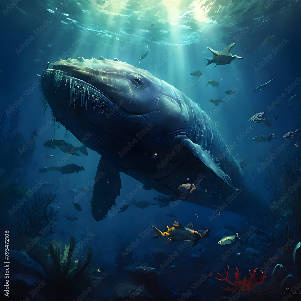Fototapeta premium 깊은 바다속 고래와 물고기들