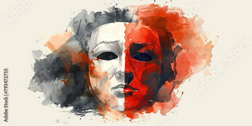 Cognitive Dissonance: The Two-Faced Mask and Conflicted Expression - Picture a two-faced mask with a conflicted expression, illustrating the cognitive dissonance experienced by cult members.