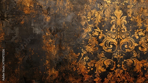 Vintage gold floral patterns on distressed black background