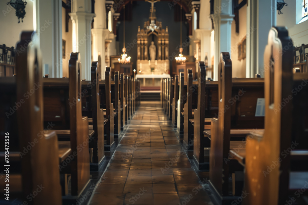 Inside of an old empty church with wooden pews - obrazy, fototapety, plakaty 