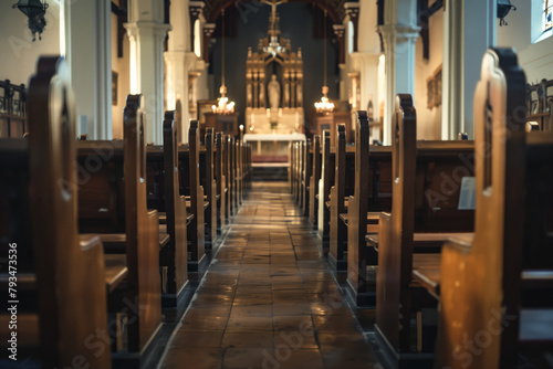 Inside of an old empty church with wooden pews