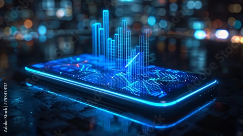A glowing blue and black phone with a futuristic city background.