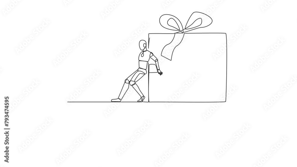 Animation of single continuous line drawing robot pushes the large gift box down with its back from the edge of cliff. Throwing gifts for children under the cliff. Future AI. Full length motion