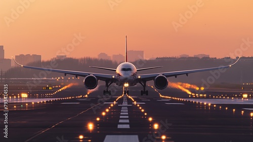 A large jetliner taking off from an airport runway at sunset or dawn with the landing gear down and the landing gear down, as the plane is about to take off.