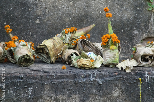 Still life of offering on a stupa in Laos