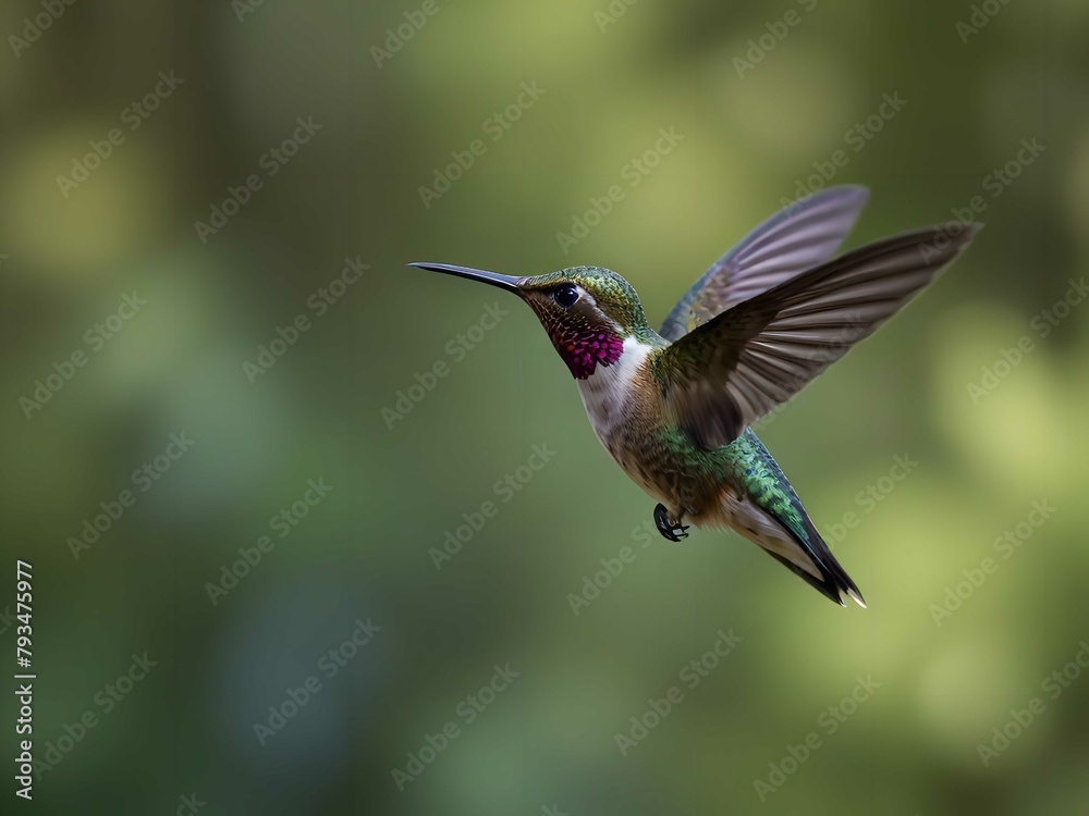 Fototapeta premium Flying hummingbird with green forest
