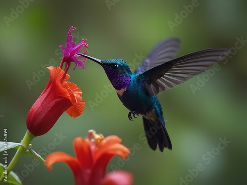 Blue hummingbird is collecting honey from flowers