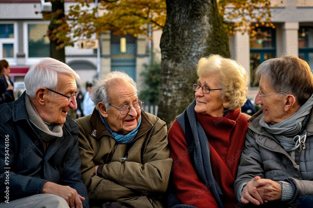 Group of elderly people sitting on the bench in the street and talking Group of elderly people sitting on the bench in the street and talking