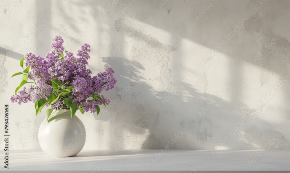 Fototapeta premium interior styling : Lilac Flowers in White Vase Against White Wall with natural light 