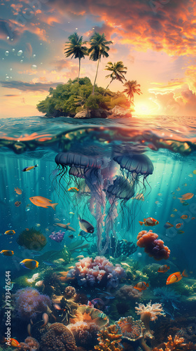 Tropical Island with coconut trees and jellyfishes and corals under clear water of the sea in sunset with dramatic sky  half under water view  summer holiday theme.